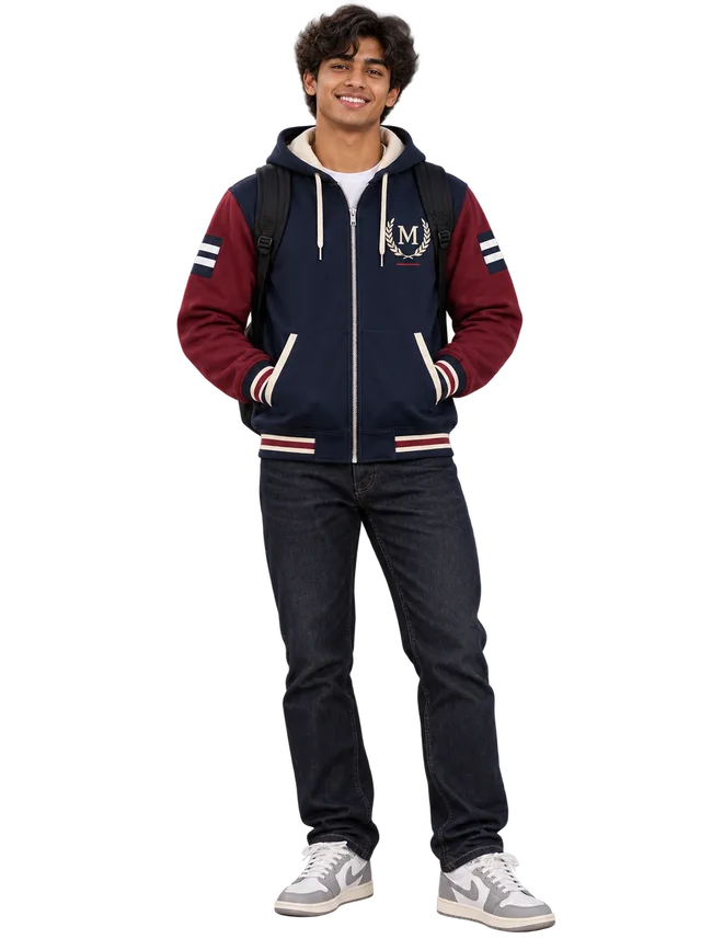 Front view of a navy and maroon matric jacket
