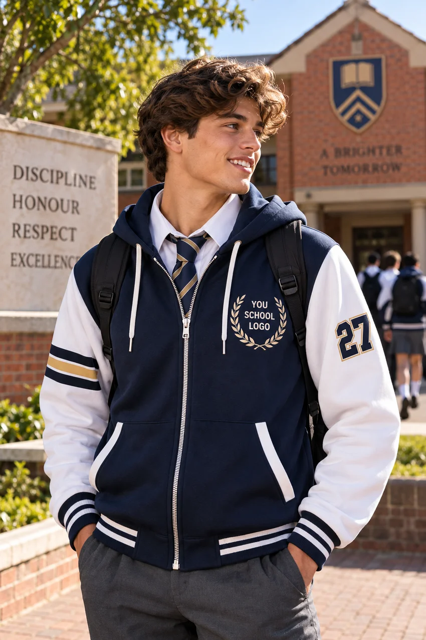 Learner wearing a navy and white matric jacket on campus