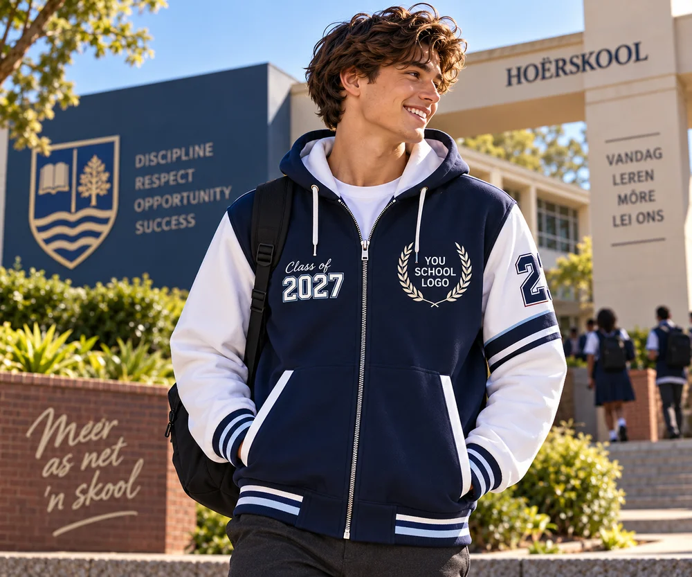Learner in a navy and white Class of 2027 jacket outside a school